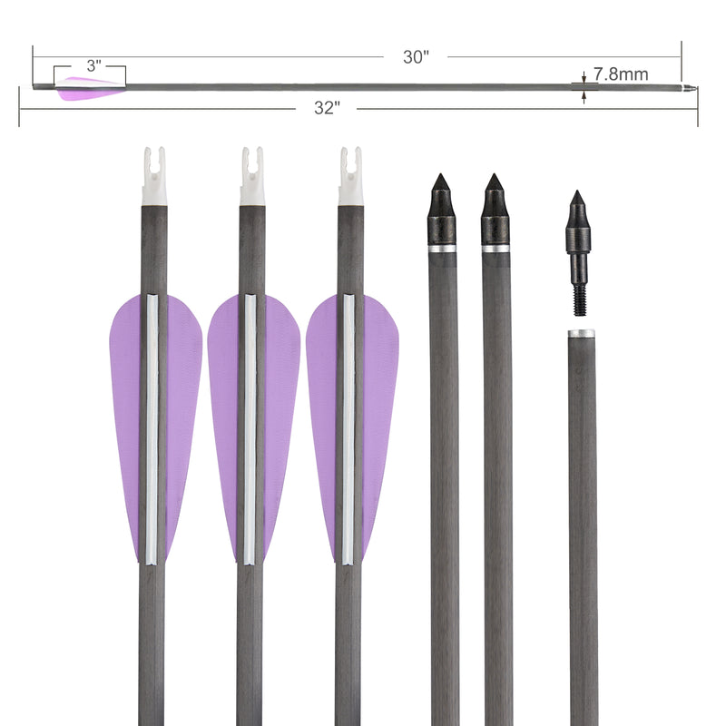 12er-Pack gemischte Carbonpfeile 31" Parabolic Purple Fletched Archery Arrows Spine 350