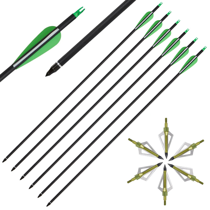 12pcs Bogenschießen Carbon Pfeile und Jagd Broadheads Set