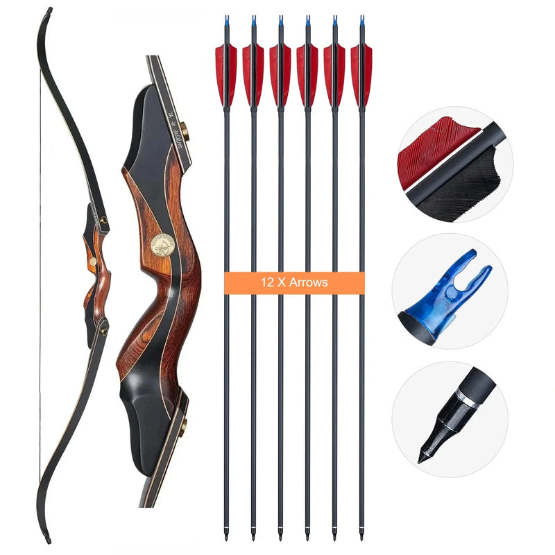 Bogenschießen 60" Take-Down Recurve Bogen und 12 Stück Carbonpfeile Set, Holzlaminierte Jagdbogen 2525/-50lbs.