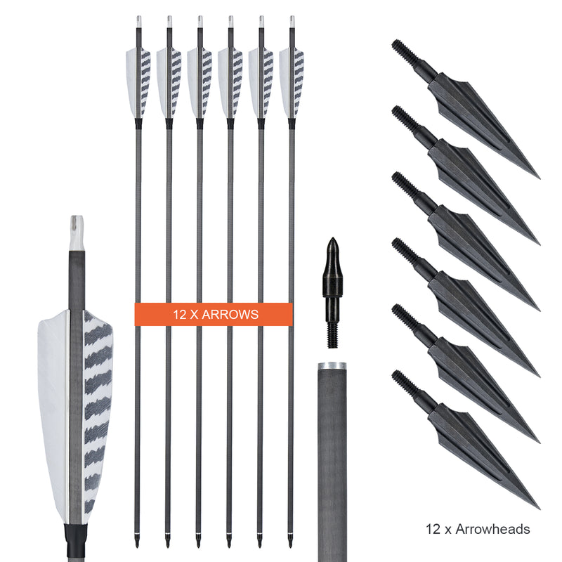 12 Stück Bogenschießen 32" reine Kohlenstoffpfeile mit Jagdpfeilspitzen