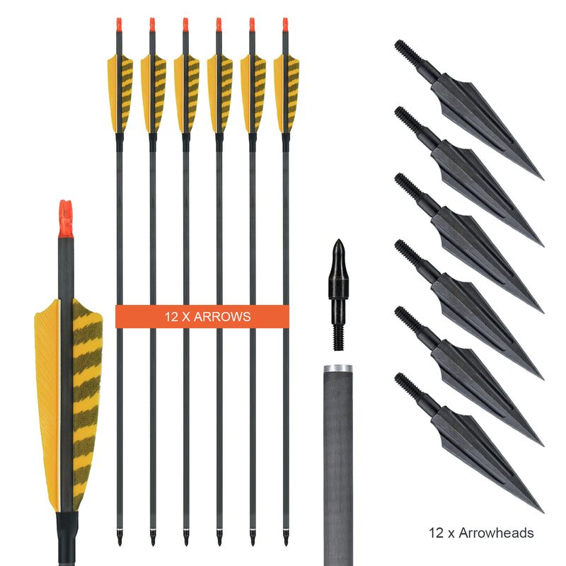 12 Stück Bogenschießen 32" reine Kohlenstoffpfeile mit Jagdpfeilspitzen