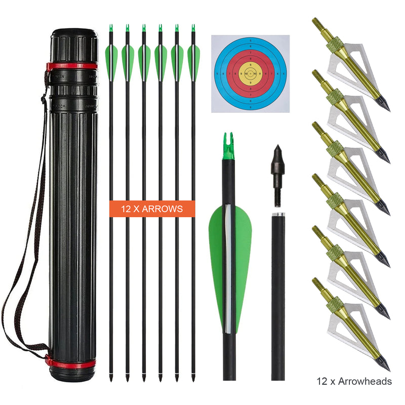 Bogenschießen Jagd 30" Carbon Pfeile Spine 500 Köcher Breitspitzen für Pfeil