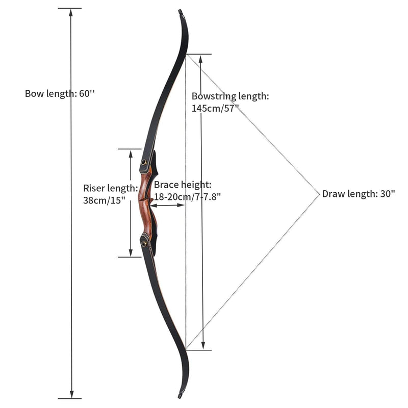 Bogenschießen 60" Take-Down Recurve Bogen und 12 Stück Carbonpfeile Set, Holzlaminierte Jagdbogen 2525/-50lbs.