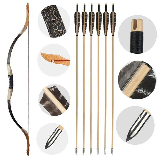48"- 54" Traditioneller handgefertigter Bogen und True Feather Holzpfeile Set Recurve Mongolischer Reiterbogen 30-50lbs