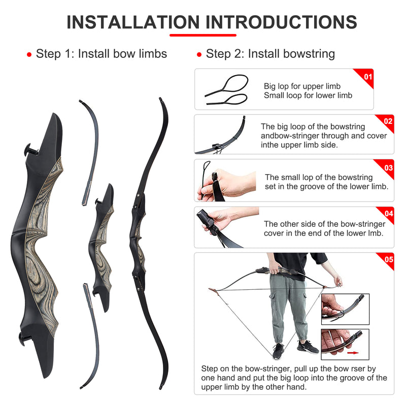 62" Bogenschießen ILF Recurve Bogen Rechtshänder Takedown Hölzerner laminierter Jagdbogen 25-50lbs
