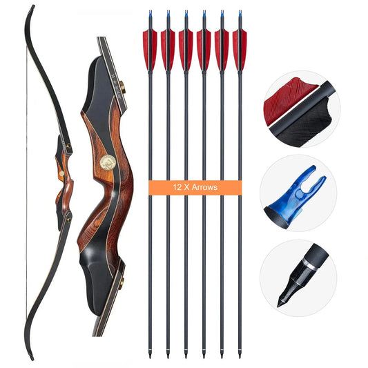 Bogenschießen 60" Take-Down Recurve Bogen und 12 Stück Carbonpfeile Set, Holzlaminierte Jagdbogen 2525/-50lbs.