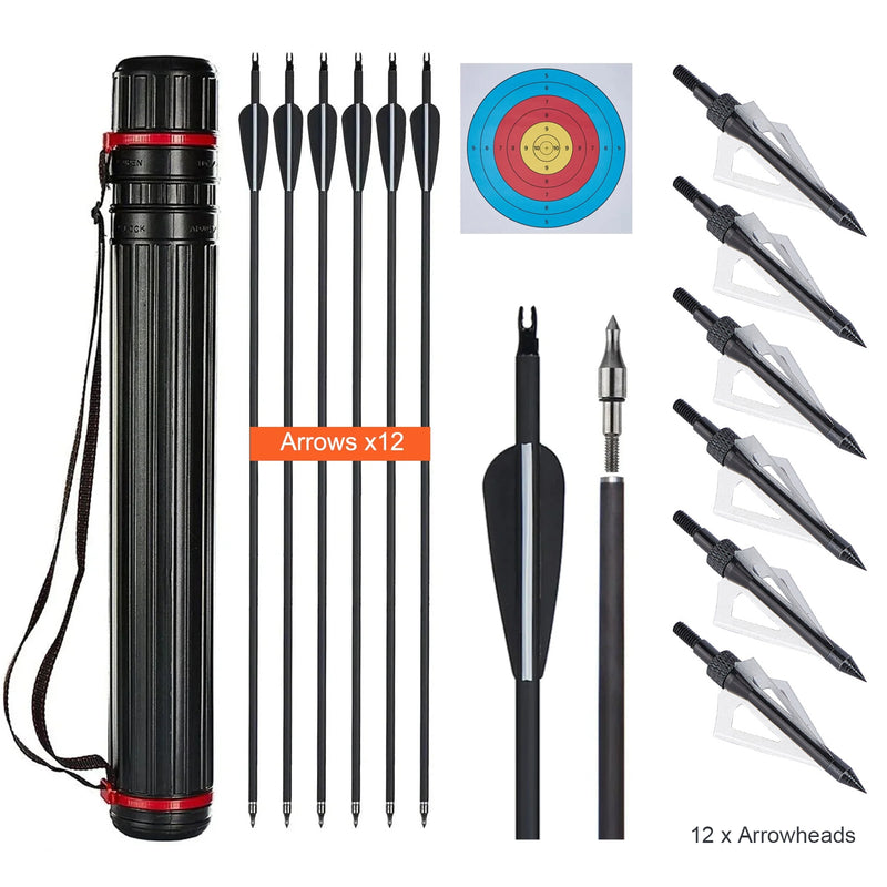 Bogenschießen Jagd 30" Carbon Pfeile Spine 500 Köcher Breitspitzen für Pfeil