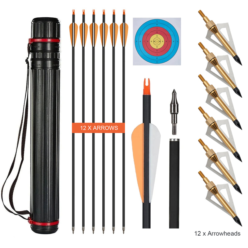 Bogenschießen Jagd 30" Carbon Pfeile Spine 500 Köcher Breitspitzen für Pfeil