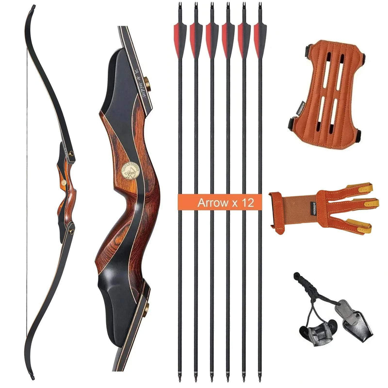 60" Laminierter Takedown Recurvebogen 25-50lbs Mixed Carbonpfeile mit Fingerschutz Armguard Kit