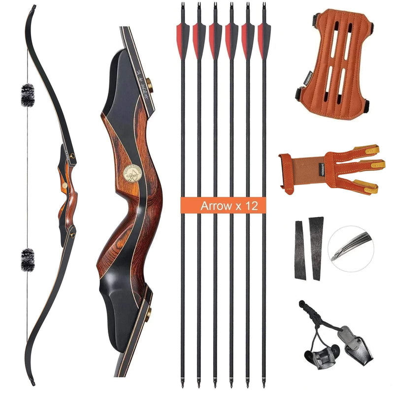 60" Laminierter Takedown Recurvebogen 25-50lbs Mixed Carbonpfeile mit Fingerschutz Armguard Kit